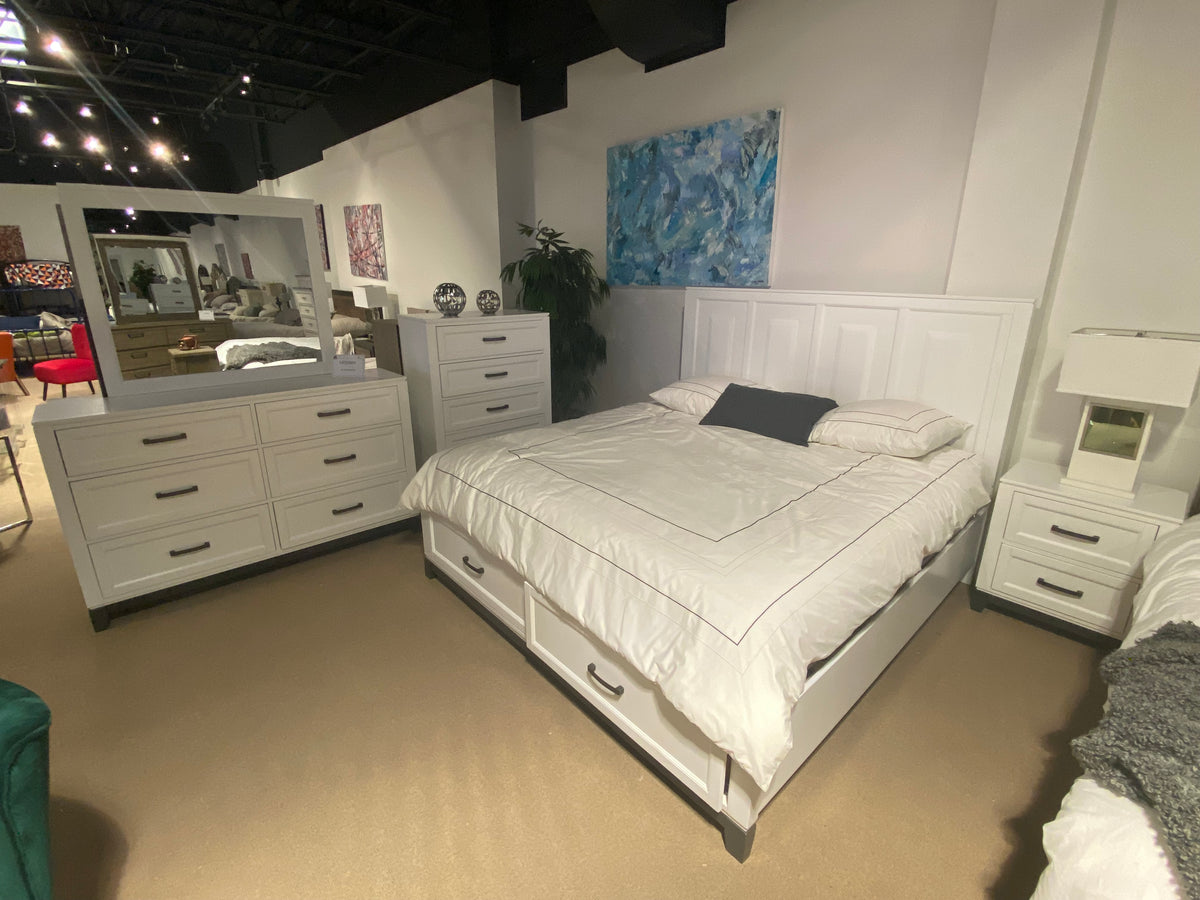 Model 1450WH white six-drawer bedroom dresser with large framed mirror and dark handles