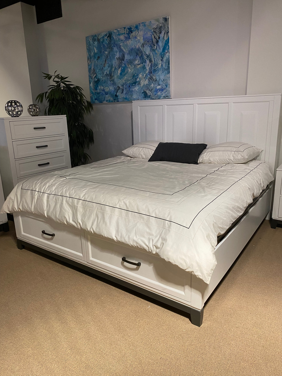 Model 1450WH white bedroom set with storage bed, dresser, mirror, chest, and nightstand
