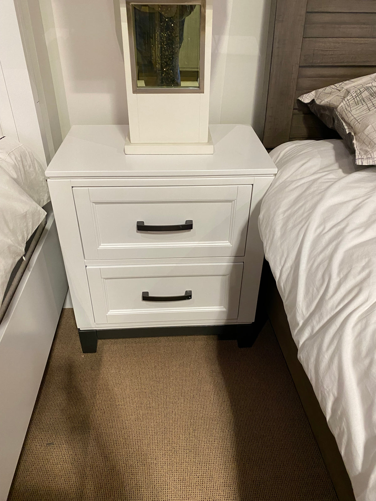 Model 1450WH white two-drawer nightstand with dark handles