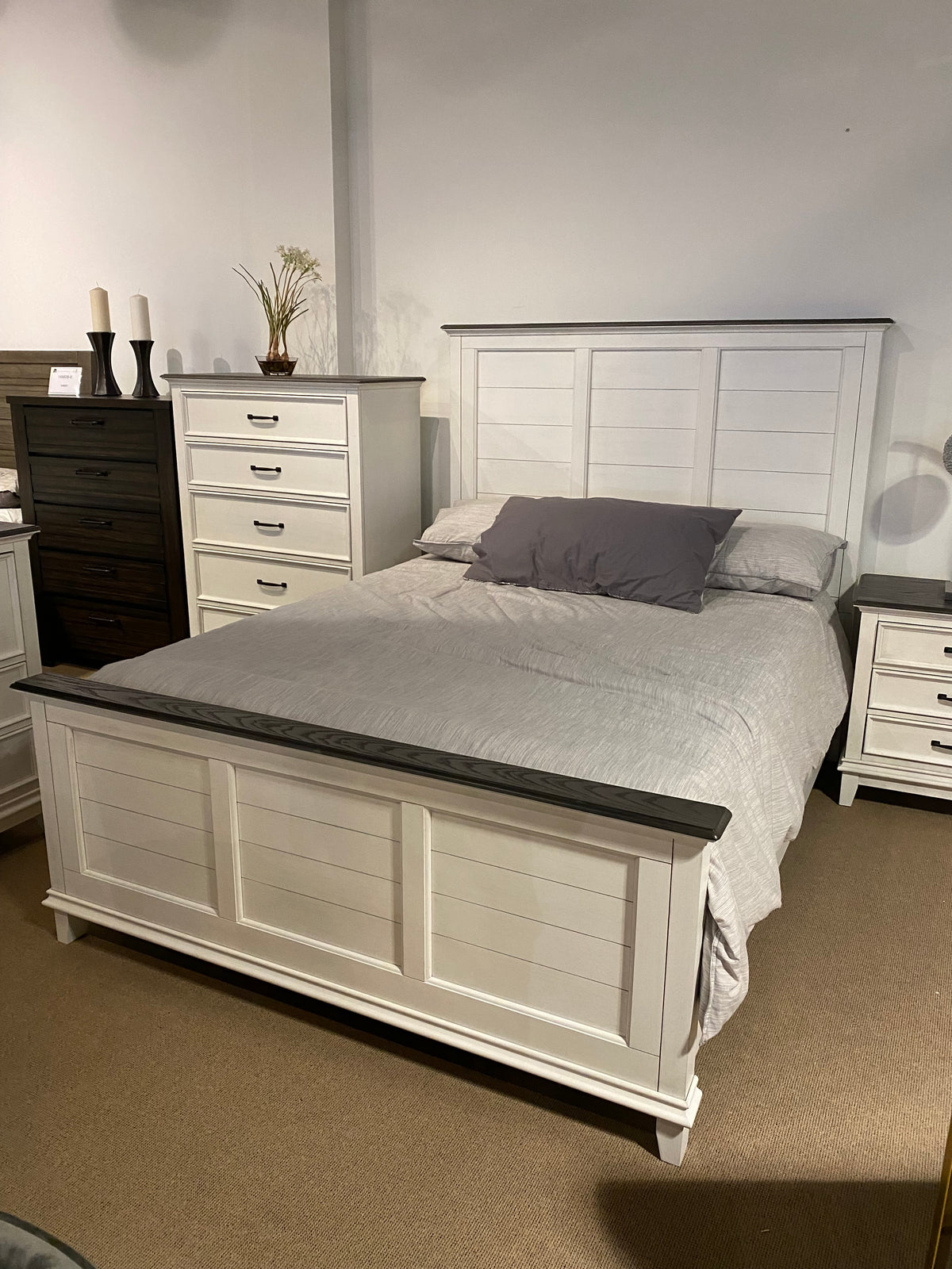 Model 1463 white panel headboard with contrasting dark wood top trim