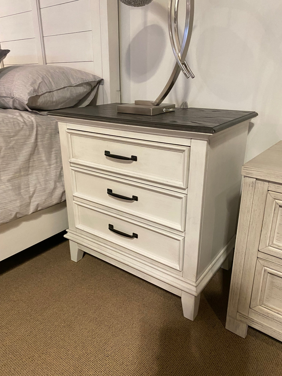Model 1463 two-tone bedroom set with panel bed, tall chest, and nightstand