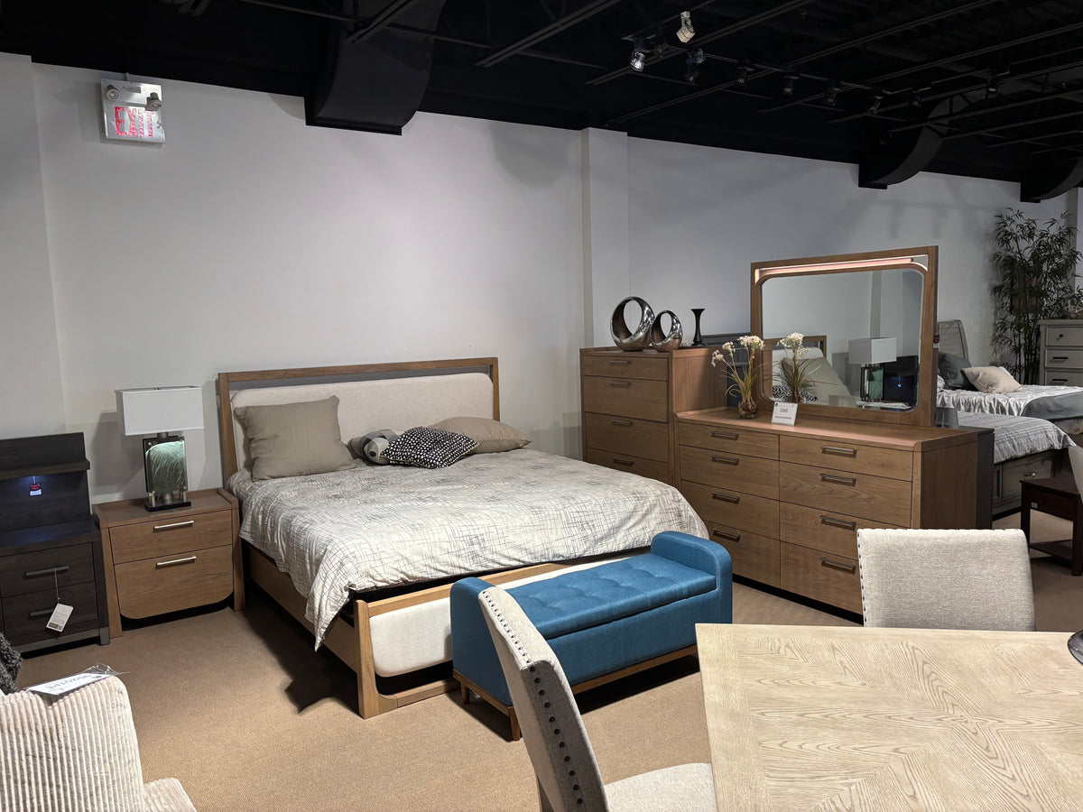 Model 2385 bedroom set bed with upholstered panels and wood frame