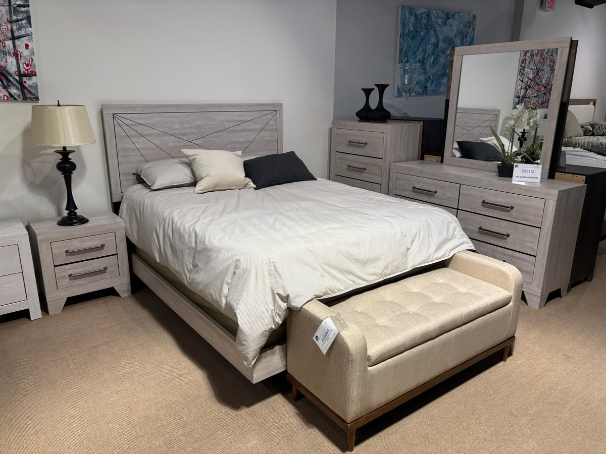 Model 2331 bedroom set with upholstered bed, nightstand, dresser, and mirror
