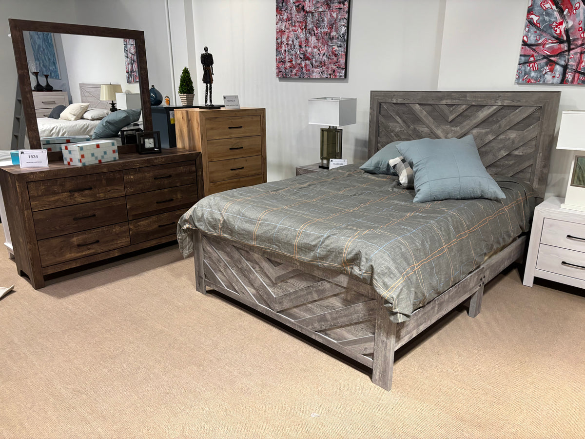 Model 1534NPGY rustic grey bedroom set with chevron panel bed, dresser, mirror, and chest