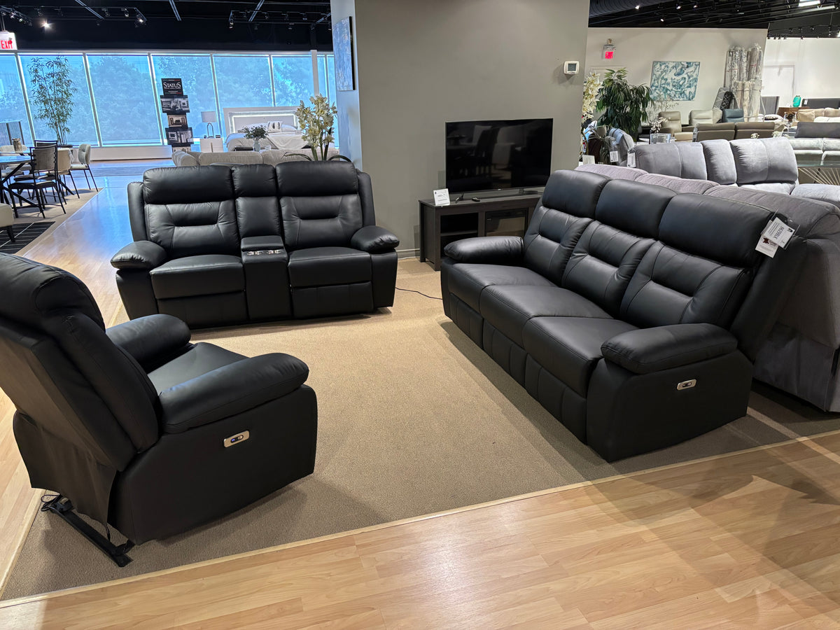 Model 9629BLK black leather power recliner loveseat with center console and cupholders