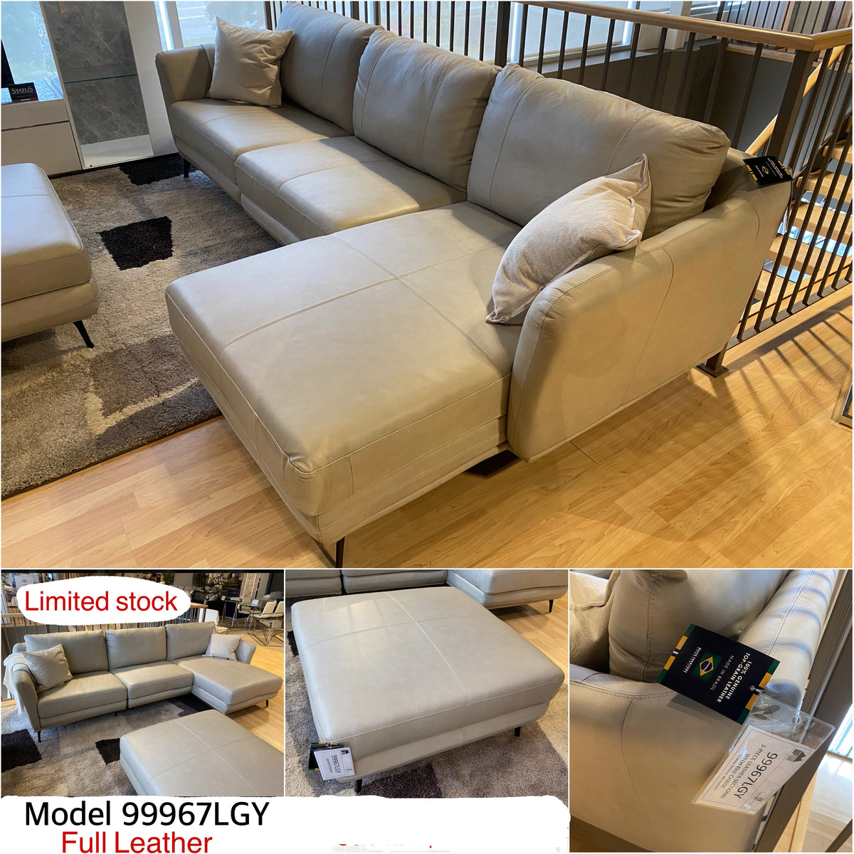 Clearence Model 99967LGY Full Leather Made in Brazil Sectional Sofa with Ottoman