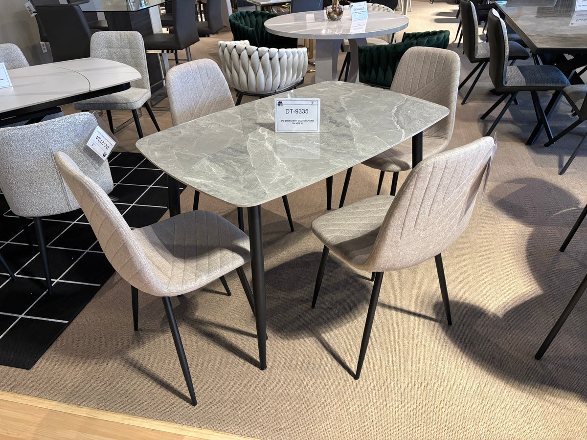 Model 5820 five-piece sintered stone dining set with light stone-look table and upholstered dining chairs