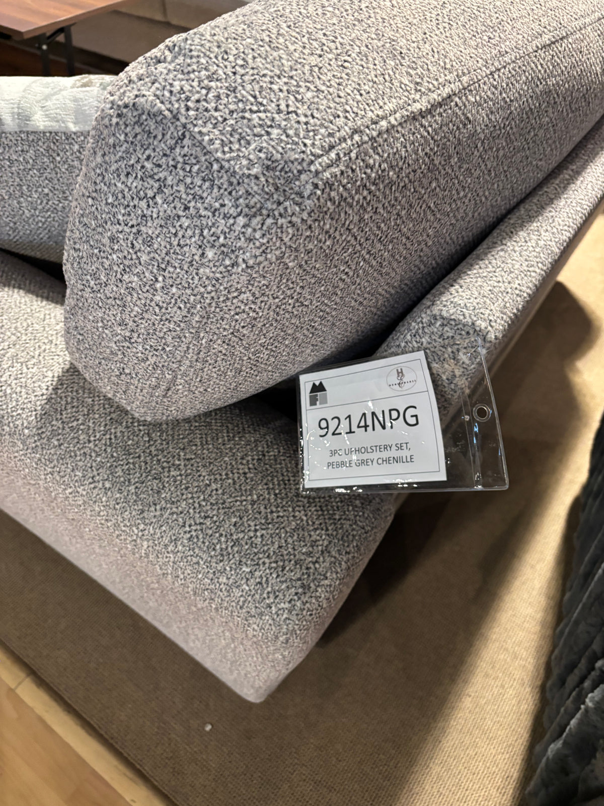 Model 9214NPG pebble grey chenille accent chair and upholstery detail
