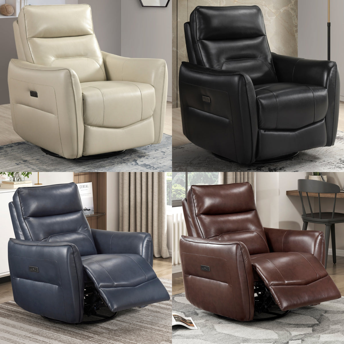 Model 9713P leather power recliner shown in cream, black, blue, and brown color options