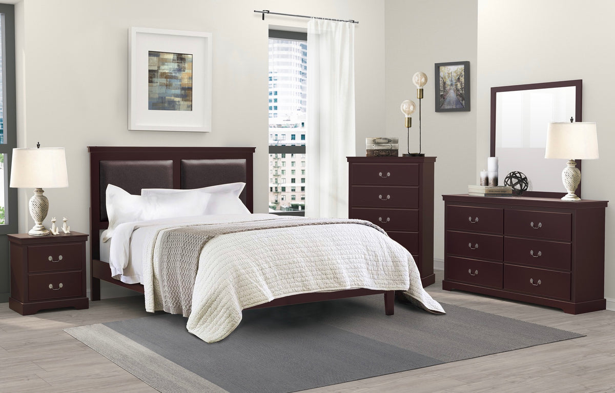 Model 1519CH dark cherry bedroom set with panel bed, two nightstands, chest, dresser, and mirror