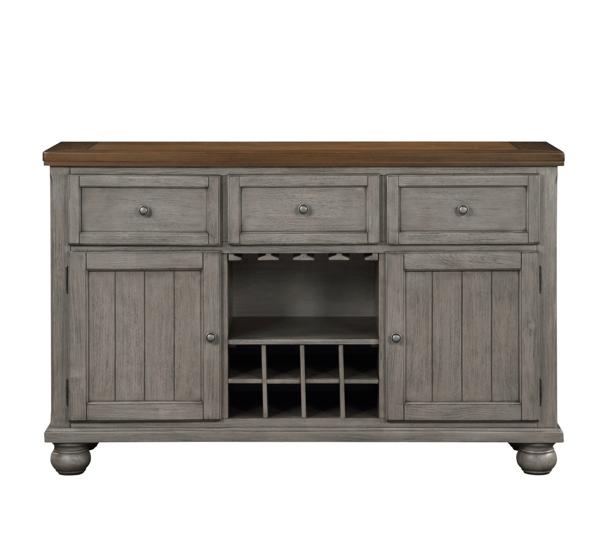 Model 5761GY grey dining server with contrasting wood top and wine storage
