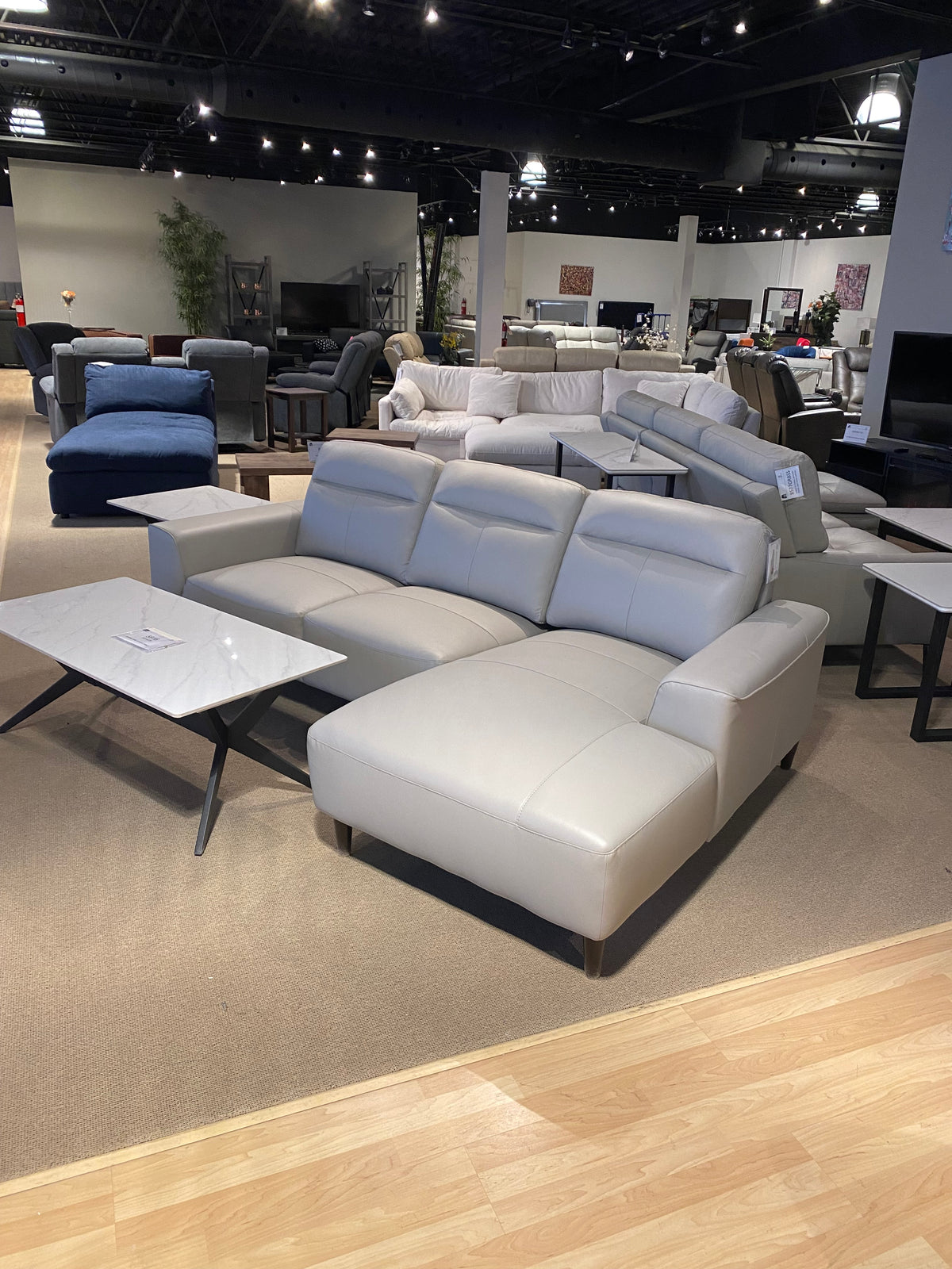 Model 99995LGY light gray leather sectional sofa with chaise, view one