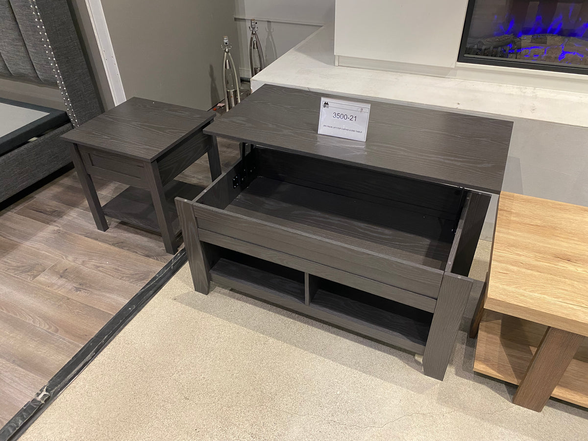 Model 3500 grey lift-top coffee table and matching end table