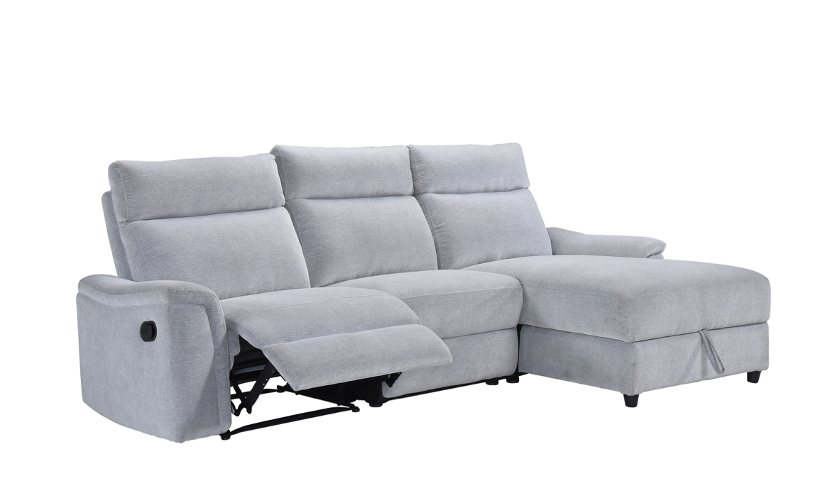 Model 99027GY grey reclining sectional product view with chaise and recliner