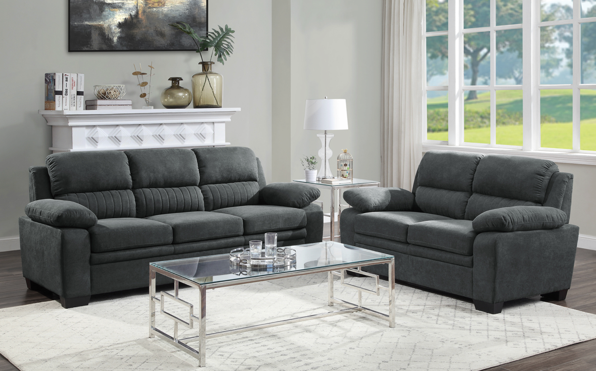 Model 9333 dark grey fabric sofa and loveseat set alternate view